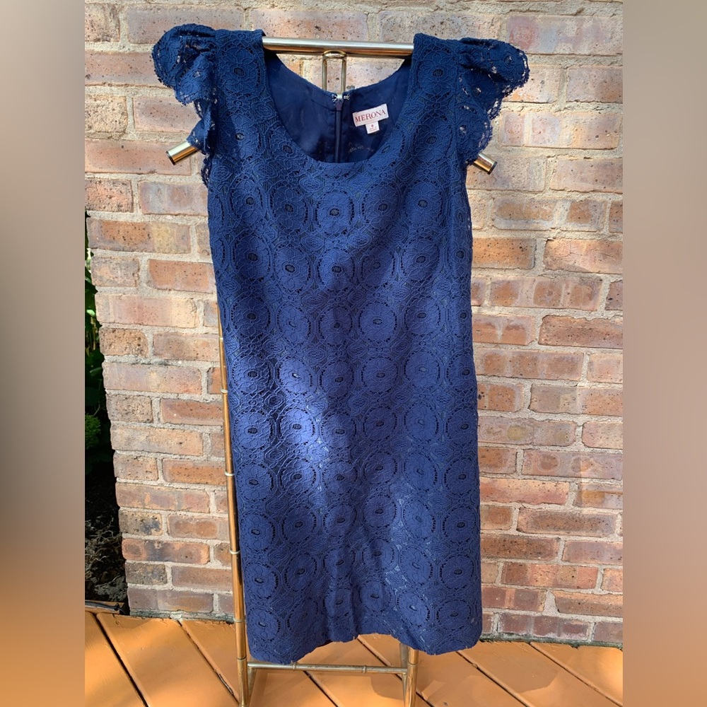 Navy Sheath Dress with lace overlay, size 8